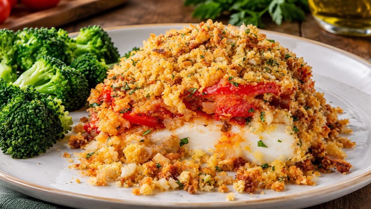 Um lombo de bacalhau assado no forno com uma crosta crocante de tomate e ervas. O prato está servido num prato branco com brócolos cozidos ao vapor ao lado.