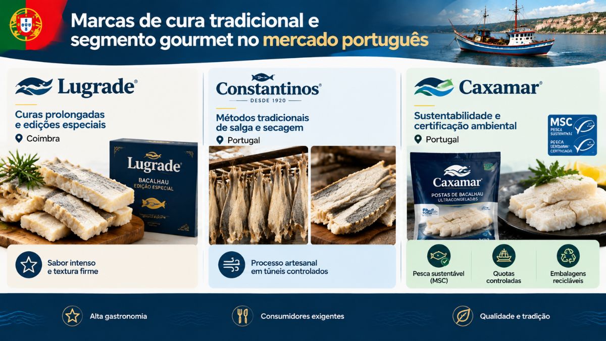 Infográfico sobre marcas de cura tradicional e segmento gourmet no mercado português de bacalhau, destacando as empresas Lugrade, Constantinos e Caxamar com os respetivos processos artesanais e certificações ambientais.