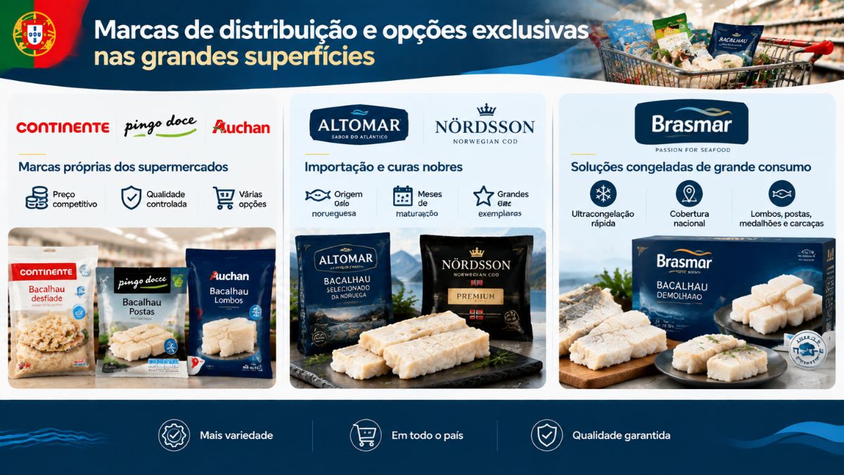 Infográfico informativo sobre marcas de distribuição e opções exclusivas nas grandes superfícies em Portugal, destacando Continente, Pingo Doce, Auchan, Altomar, Nördsson e Brasmar.