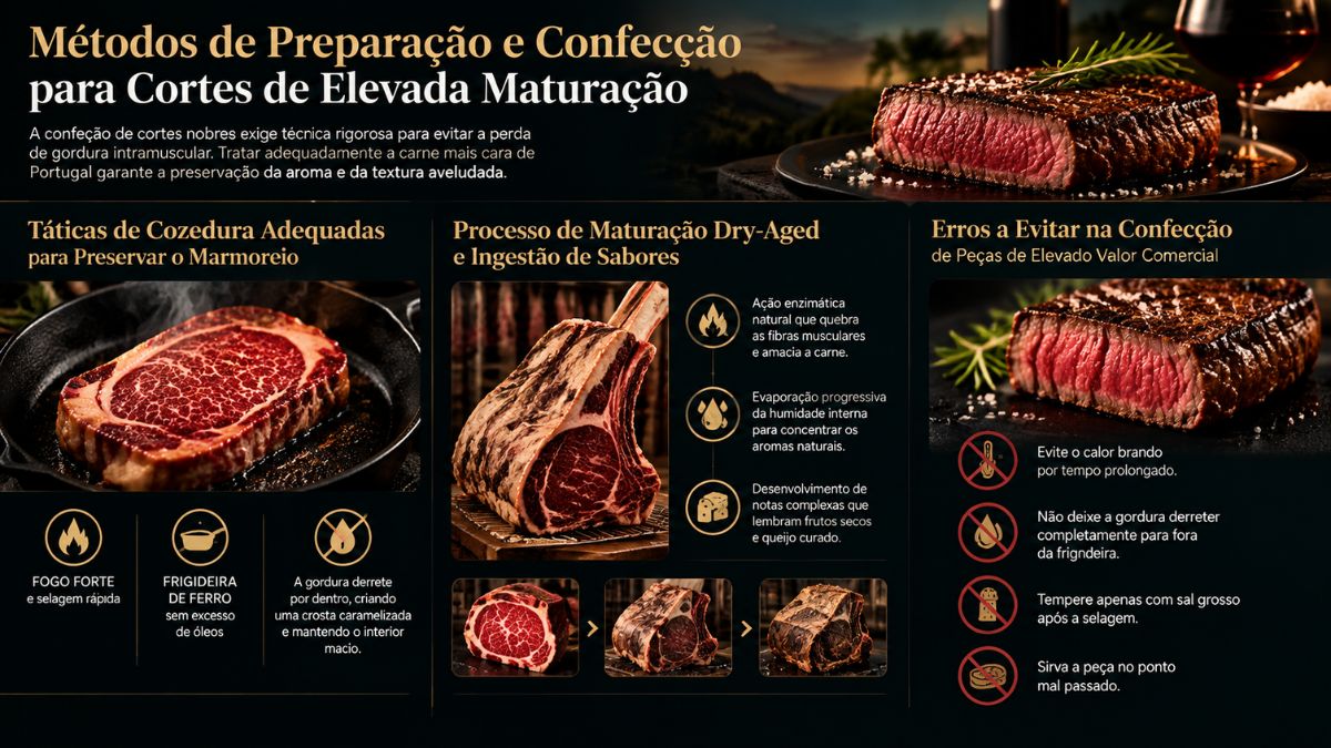 Infográfico explicativo sobre técnicas de confeção para cortes nobres e carnes maturadas Dry Aged, com táticas de cozedura para preservar o marmoreio, etapas do processo enzimático e erros a evitar na frigideira.