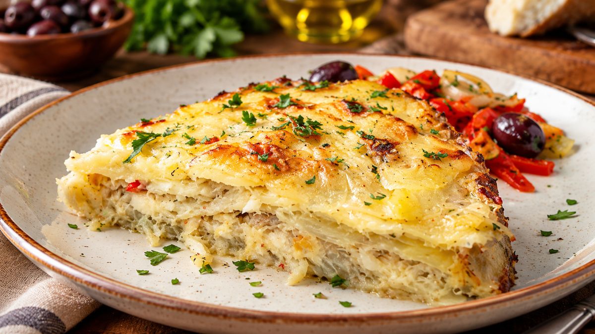 Fatia generosa de mil-folhas de bacalhau em camadas com batata gratinada dourada e ervas finas acompanhada por pimentos assados e azeitonas pretas num prato cerâmico.