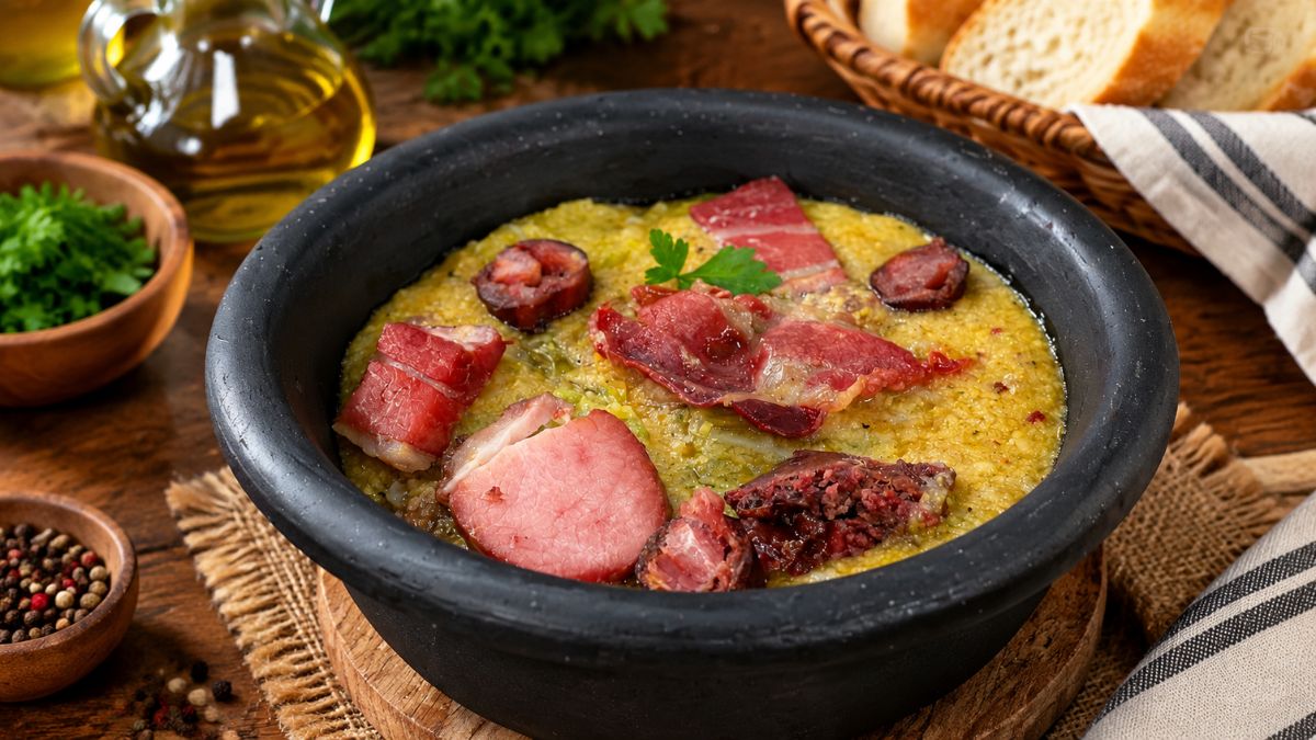 Prato tradicional de milhos transmontanos cremosos servidos num tacho de barro preto com enchidos fatiados, chouriço de sangue, carnes e salsa sobre mesa de madeira.