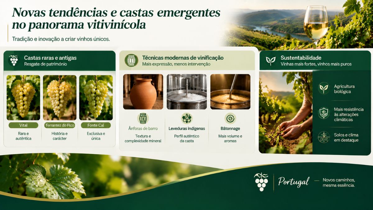 Infográfico sobre novas tendências do vinho português, resgate de castas raras, técnicas de vinificação e sustentabilidade.