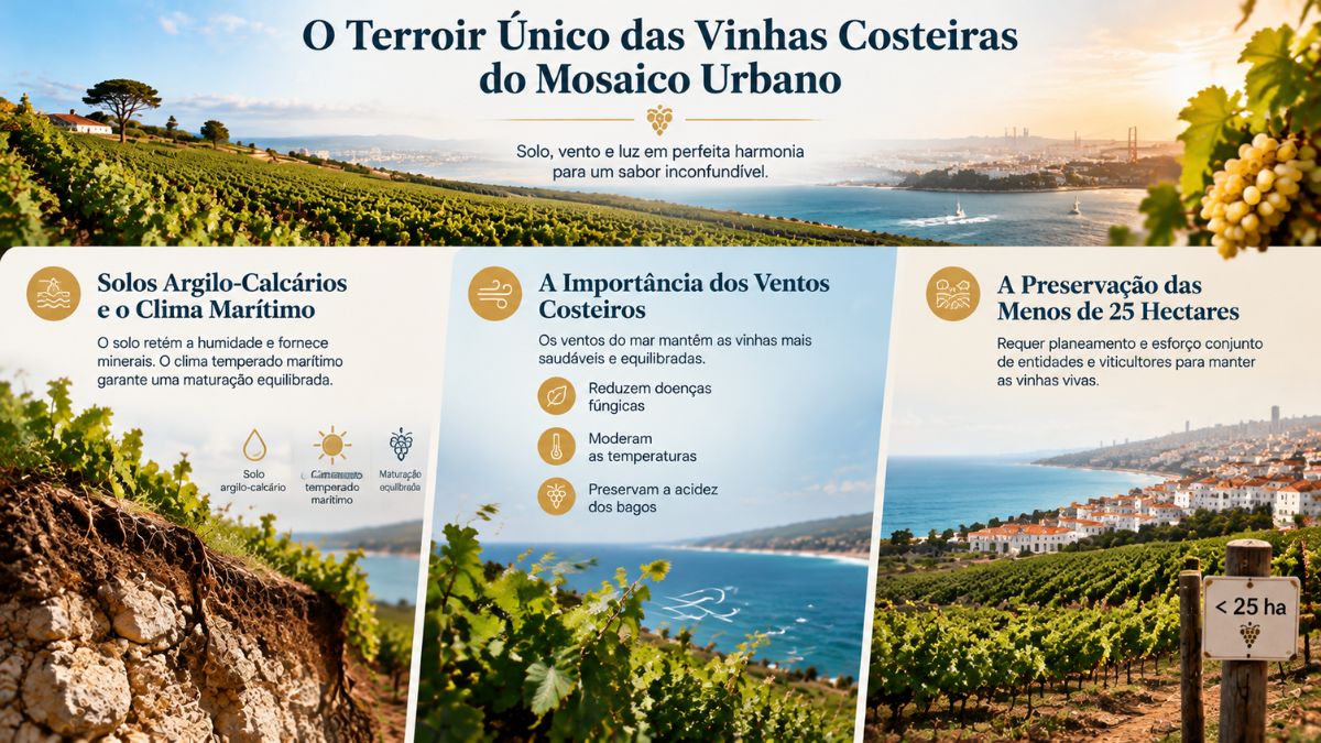 Infográfico explicativo sobre o terroir do Vinho de Carcavelos dividido em três blocos verticais. O lado esquerdo ilustra o solo argilo-calcário em detalhe de corte geológico com vinhas ao fundo. O centro mostra a influência dos ventos costeiros atlânticos com ícones sobre saúde e frescura das uvas. O lado direito apresenta a preservação de menos de vinte e cinco hectares de vinha numa área costeira urbanizada com uma placa indicativa num poste de madeira.