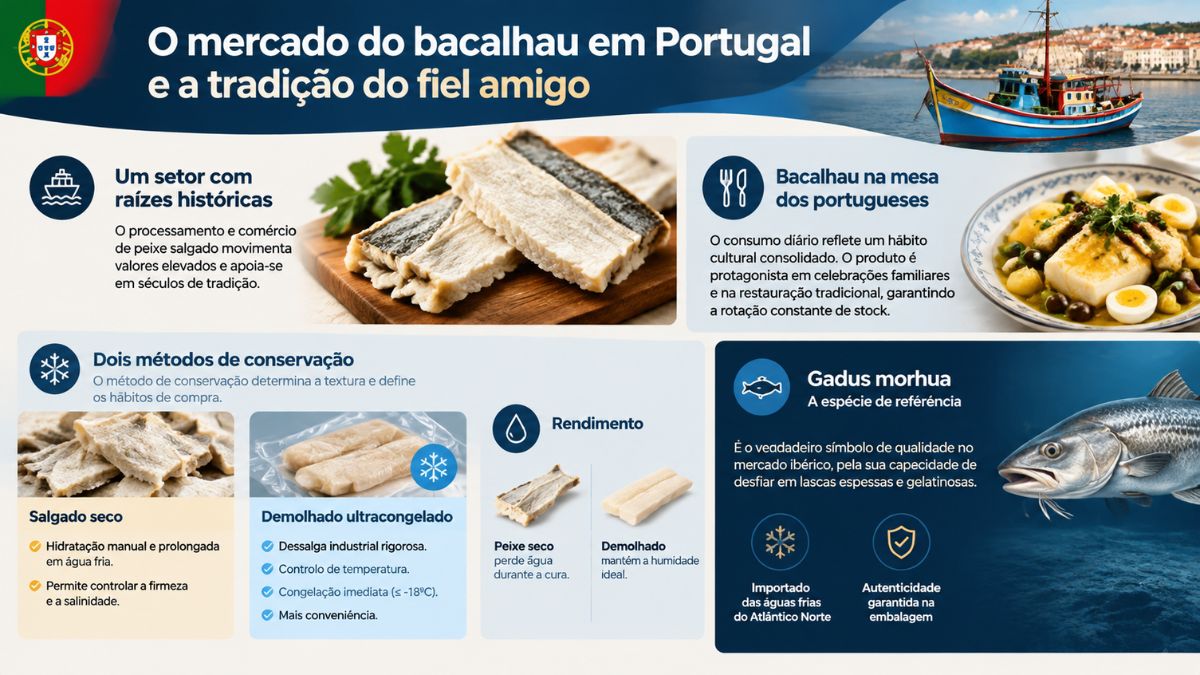 Infográfico explicativo sobre o mercado do bacalhau em Portugal, detalhando o setor histórico, o consumo na mesa dos portugueses, os métodos de conservação salgado seco e demolhado ultracongelado, o rendimento e a espécie Gadus morhua.
