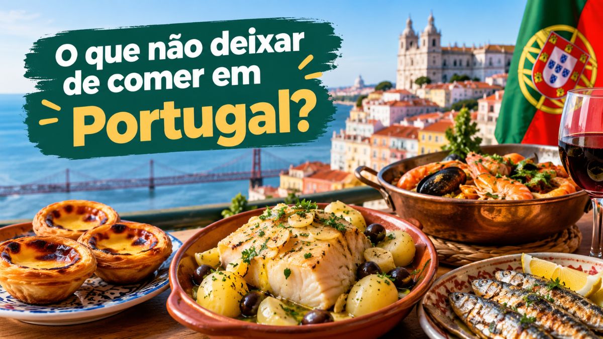 Mesa com pratos típicos da gastronomia portuguesa, incluindo bacalhau cozido com batatas, cataplana de marisco, sardinhas assadas e pastéis de nata, com vista para Lisboa e a bandeira de Portugal ao fundo.