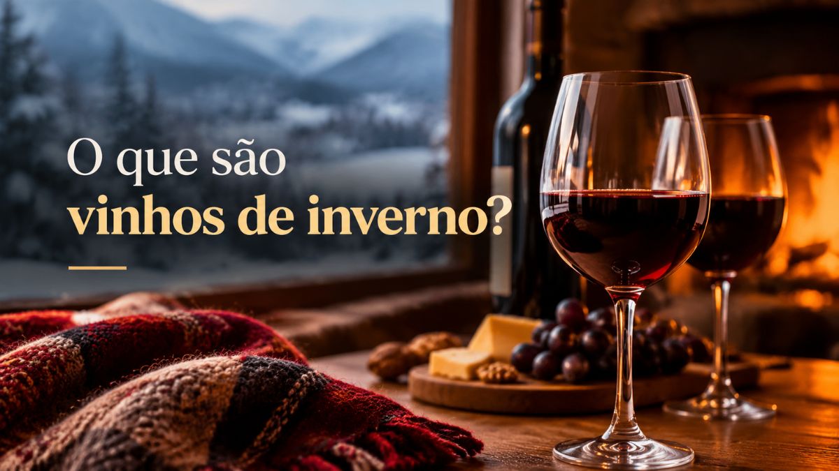 Copos de vinho tinto numa mesa de madeira com queijo, nozes e uvas, ao lado de uma lareira acesa e janela com paisagem nevada.