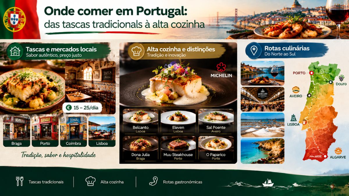 Infográfico sobre onde comer em Portugal mostrando tascas tradicionais, restaurantes de alta cozinha com estrelas Michelin e rotas culinárias regionais.