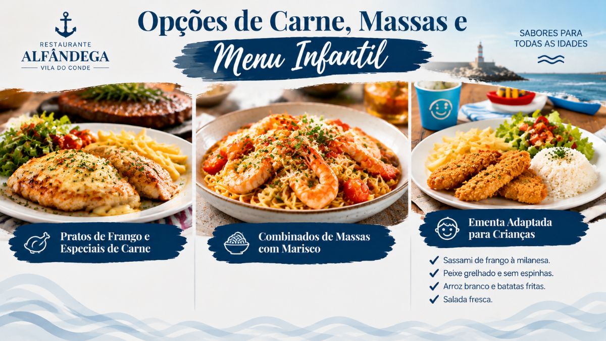 Pratos de frango massas com marisco e ementa adaptada para crianças no restaurante Alfândega em Vila do Conde.