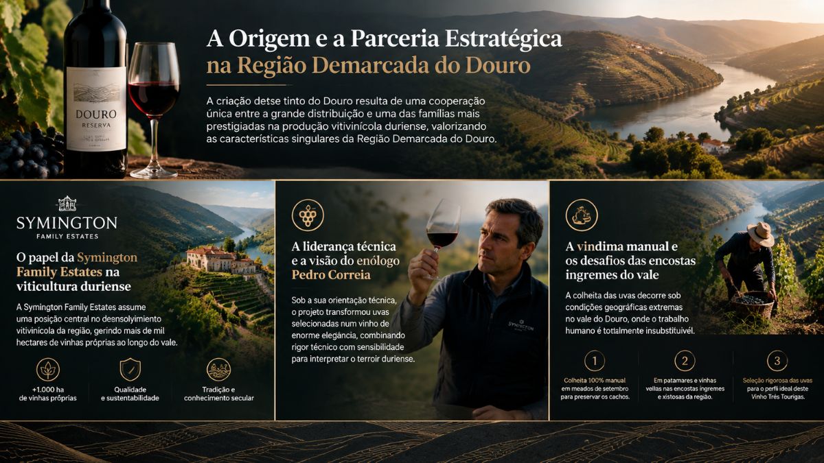 Infográfico sobre o Vinho Três Tourigas no Douro com a garrafa de vinho tinto, o enólogo Pedro Correia a provar e a vindima manual nas encostas.