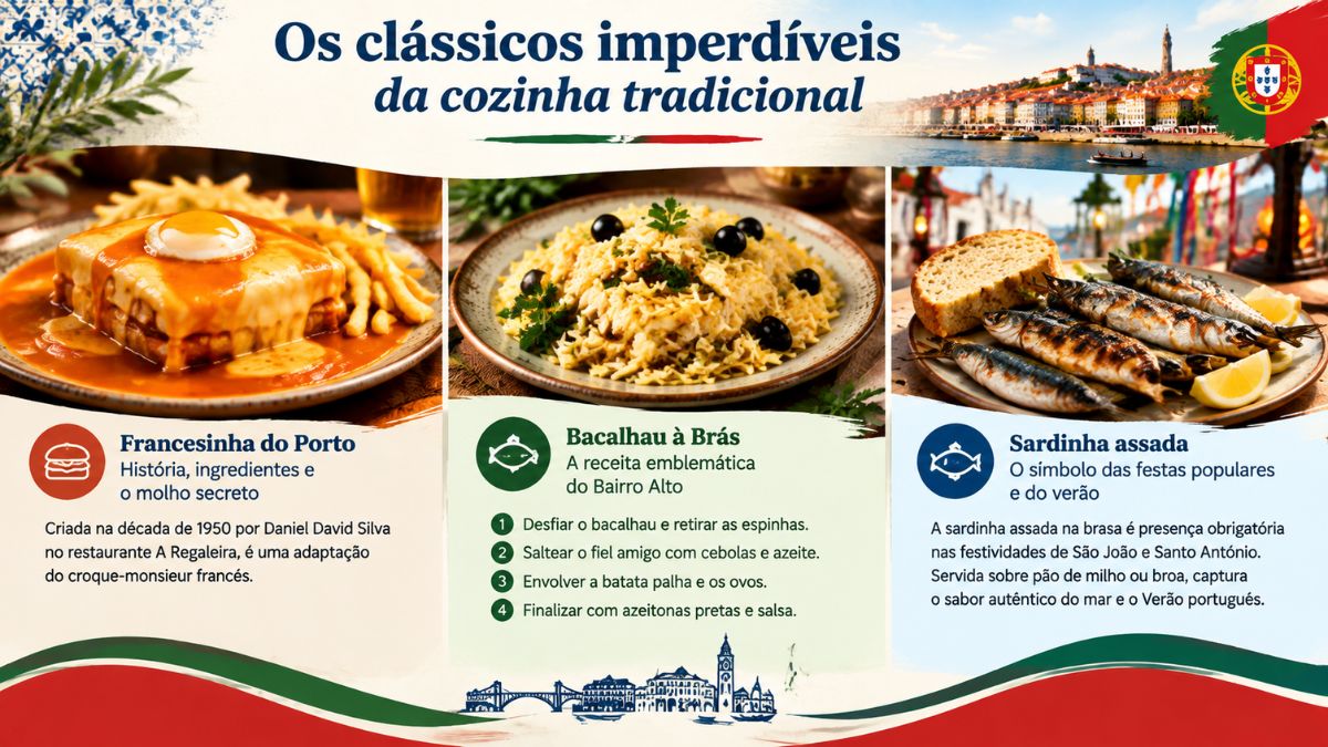 Infográfico sobre os clássicos imperdíveis da cozinha tradicional portuguesa apresentando a Francesinha do Porto, o Bacalhau à Brás e a Sardinha assada.