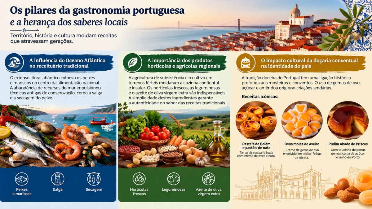 Infográfico explicativo sobre os pilares da gastronomia portuguesa destacando peixes e mariscos do Oceano Atlântico, produtos agrícolas regionais e doçaria conventual como os pastéis de Belém, ovos moles de Aveiro e pudim Abade de Priscos.