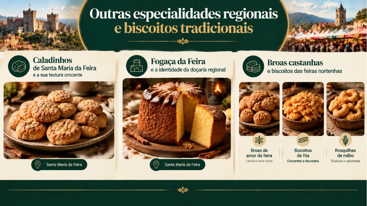 Infográfico sobre outras especialidades regionais e biscoitos tradicionais apresentando Caladinhos de Santa Maria da Feira, Fogaça da Feira e broas castanhas.