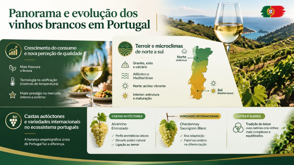 Infográfico sobre o panorama dos vinhos brancos em Portugal com mapa de terroir e castas autóctones.