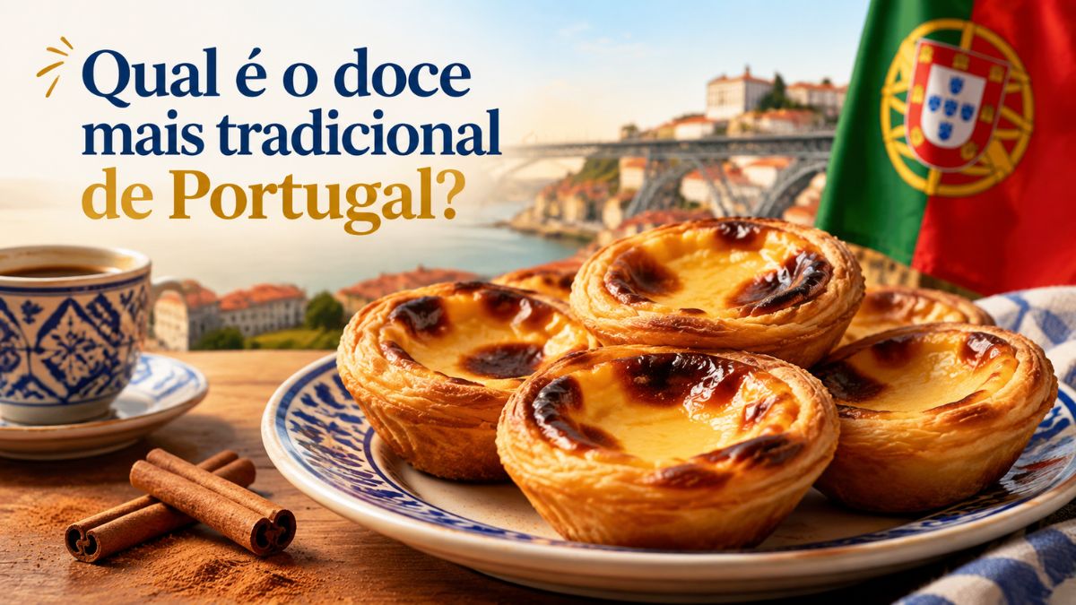 Prato com pastéis de nata dourados ao lado de paus de canela, uma xícara de café e a bandeira de Portugal.