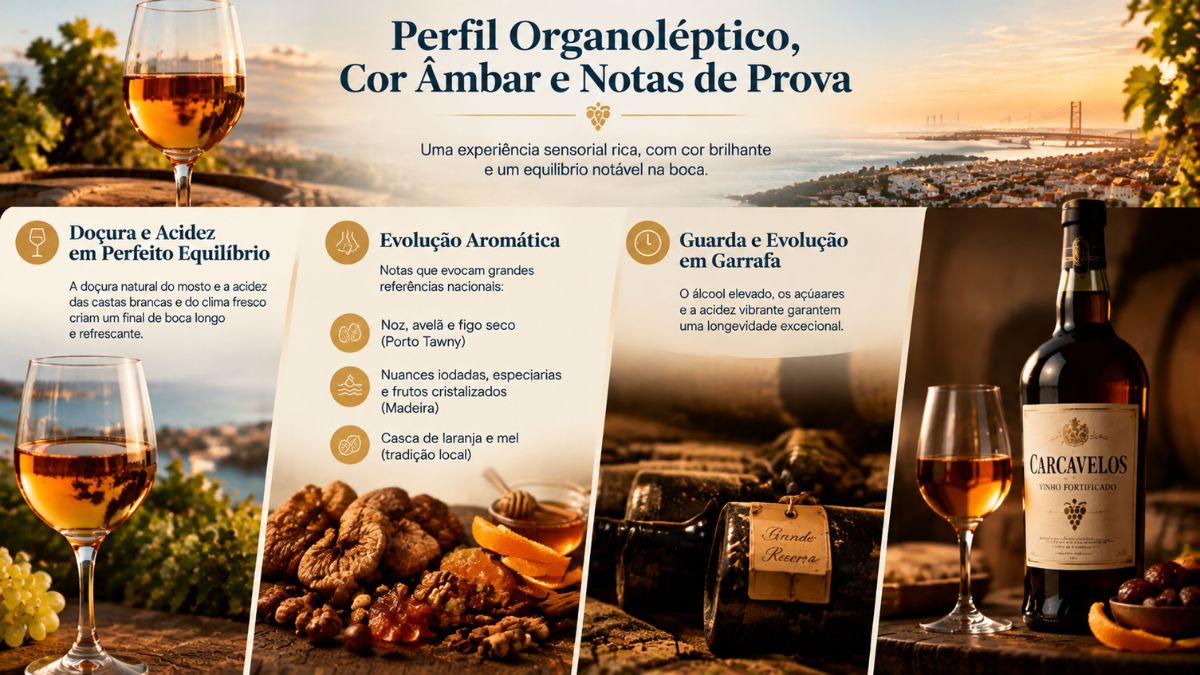 Infográfico explicativo sobre o perfil organoléptico e notas de prova do Vinho de Carcavelos dividido em três blocos verticais. A secção esquerda mostra copos de vinho fortificado com tonalidade âmbar ao lado de uvas brancas, destacando o equilíbrio entre doçura e acidez. A secção central exibe figos secos, nozes, casca de laranja e mel com ícones detalhando a evolução aromática inspirada no Porto Tawny e Madeira. A secção direita apresenta garrafas antigas de reserva guardadas numa adega e uma garrafa de Vinho de Carcavelos ao lado de um copo servido.