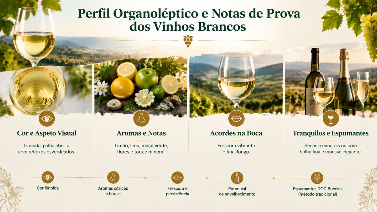 Infográfico sobre o perfil organoléptico do vinho branco de Bucelas com aspeto visual, aromas cítricos, prova na boca e espumantes DOC.