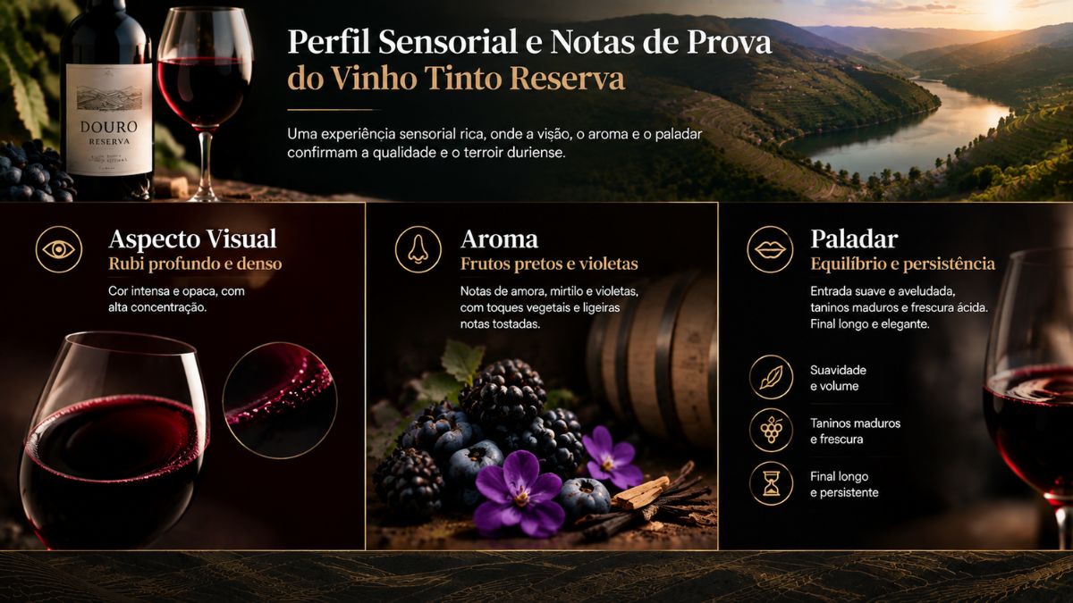 Infográfico com as notas de prova do Vinho Três Tourigas Reserva, destacando o aspeto visual rubi, aromas de frutos pretos e paladar equilibrado.