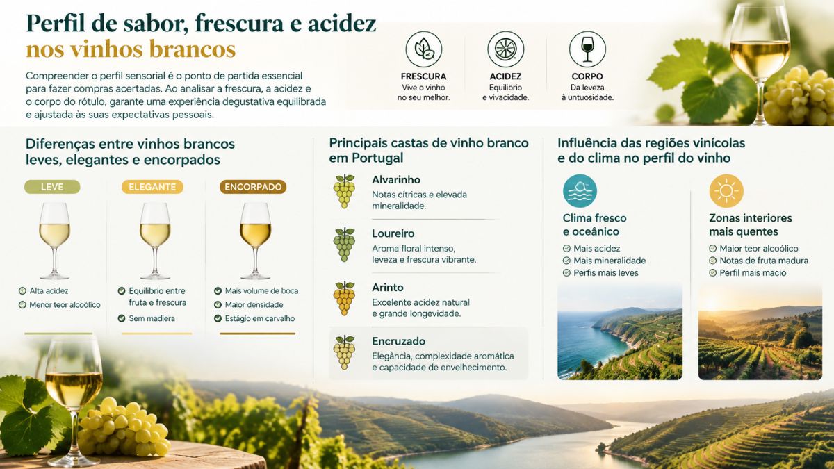 Infográfico explicativo sobre perfil de sabor, frescura, acidez, castas portuguesas e tipos de vinhos brancos leves, elegantes e encorpados.