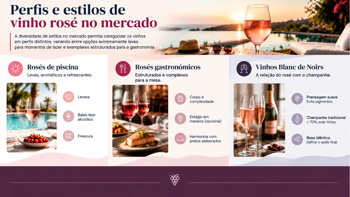 Infográfico sobre estilos de vinho rosé apresentando as categorias rosé de piscina, rosé gastronómico e vinhos Blanc de Noirs associados ao champanhe.