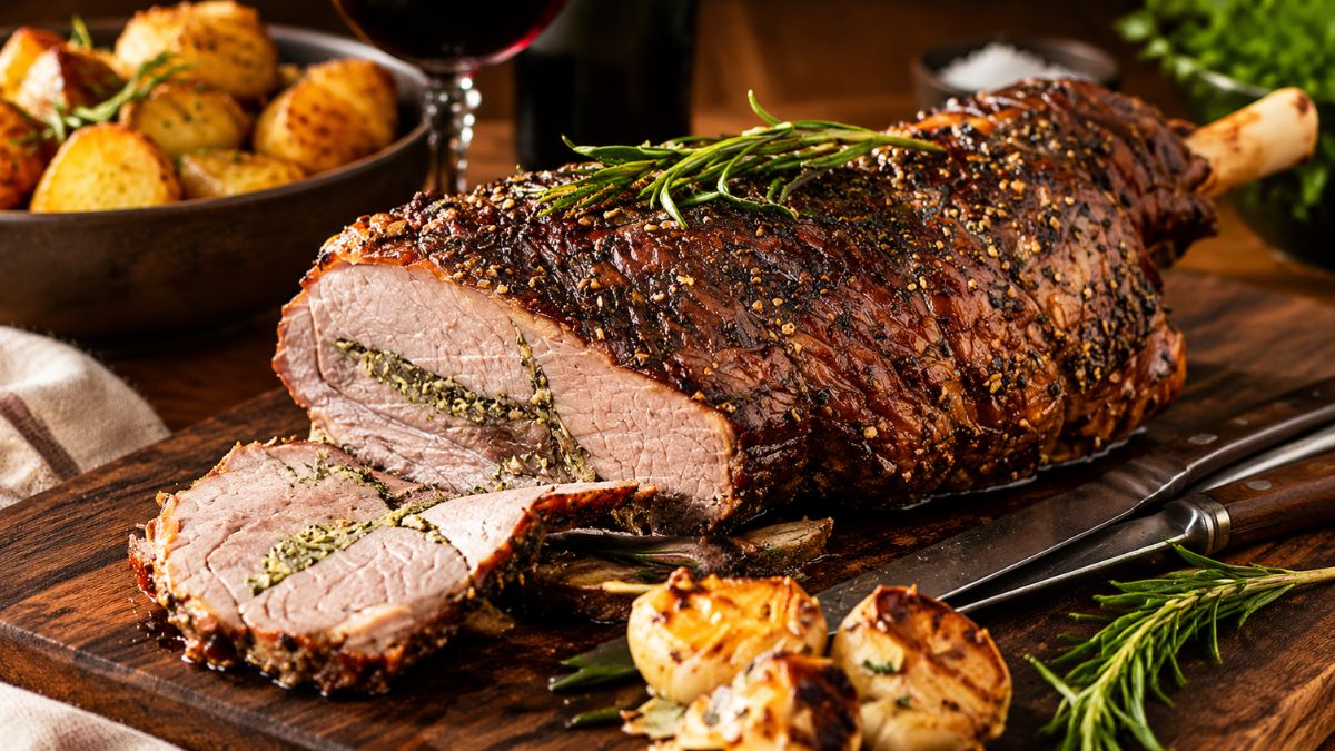 Perna de borrego assada no forno e fatiada numa tábua de madeira, temperada com marinada aromática de ervas e acompanhada por batatas assadas douradas.