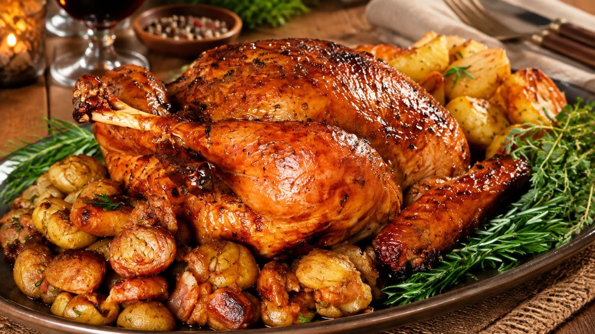 Peru de Natal assado e dourado servido numa travessa com batatas primor assadas, cebolas e ervas aromáticas frescas.
