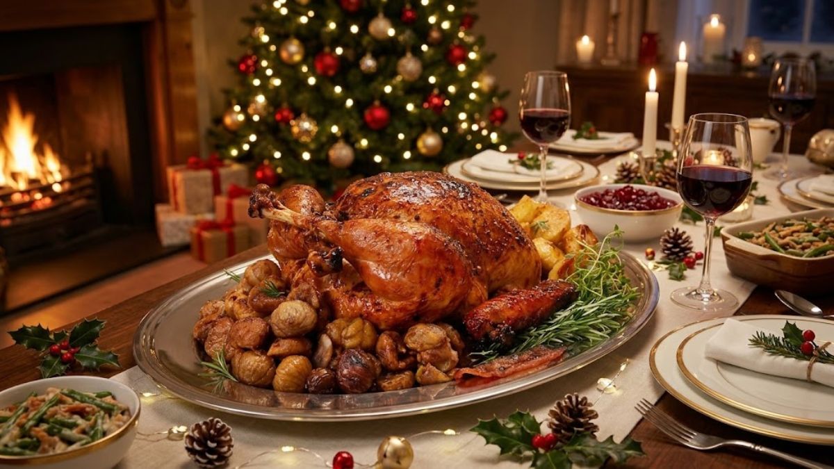 Peru de Natal dourado servido numa travessa com castanhas assadas e ervas numa mesa decorada com árvore de Natal ao fundo