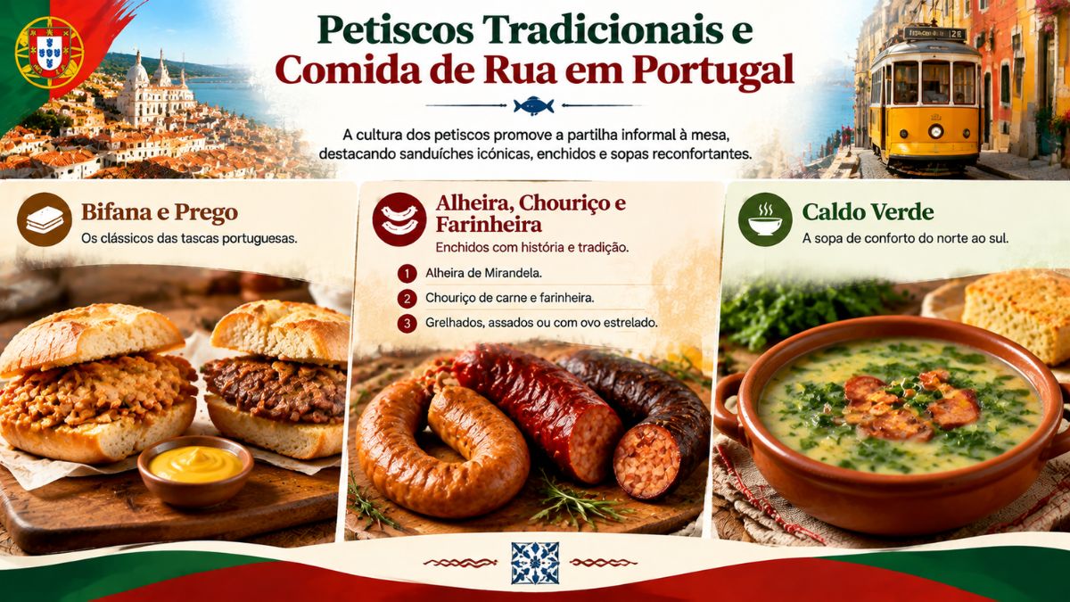 Infográfico sobre petiscos tradicionais e comida de rua em Portugal, com imagens de bifana, prego no pão, alheira, chouriço, farinheira e tigela de caldo verde.