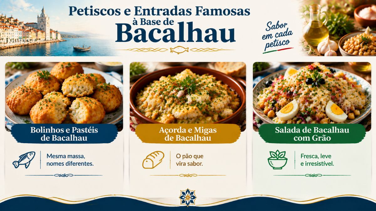 Infográfico com petiscos e entradas famosas à base de bacalhau em Portugal, apresentando bolinhos e pastéis de bacalhau, açorda e migas de bacalhau, e salada de bacalhau com grão com as respetivas descrições.