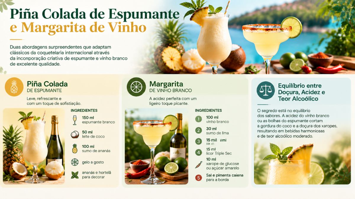 Infográfico detalhado sobre piña colada de espumante e margarita de vinho branco, apresentando ingredientes como sumo de ananás, leite de coco, espumante branco, sumo de lima, licor Triple Sec, açúcar e pimenta caiena, com orientações sobre o equilíbrio de sabores.