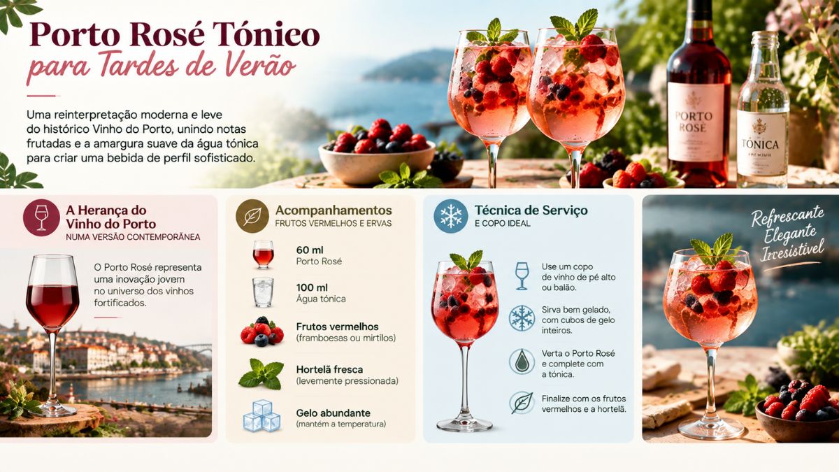 Infográfico explicativo sobre como preparar Porto Rosé Tónico, apresentando a receita com 60 ml de Porto Rosé, 100 ml de água tónica, frutos vermelhos como framboesas e mirtilos, hortelã fresca e gelo abundante, além de técnicas de serviço em copo de vinho de pé alto ou balão.