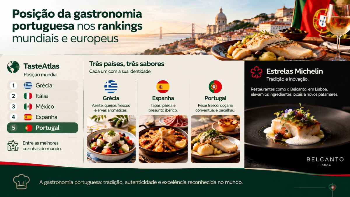 Infográfico sobre a posição da gastronomia portuguesa nos rankings mundiais com comparações entre Grécia, Espanha e destaques das estrelas Michelin.