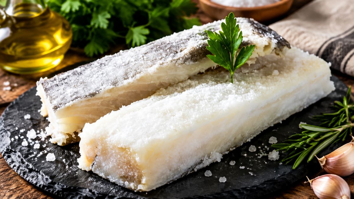 Duas postas altas de bacalhau congelado salgado dispostas sobre uma tábua de pedra preta, decoradas com uma folha de salsa, dentes de alho, alecrim, grãos de sal grosso e uma galheta de azeite ao fundo.