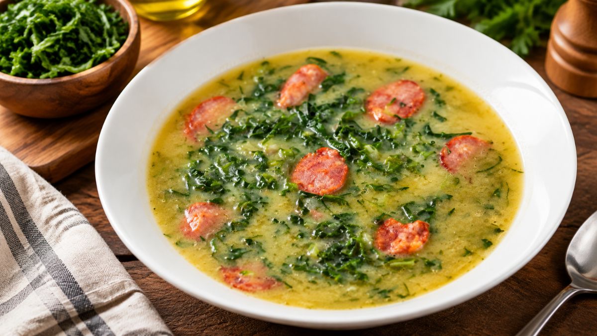 Prato fundo branco com caldo verde tradicional português, servido com rodelas de chouriço e couve-galega picada fininha sobre mesa de madeira.