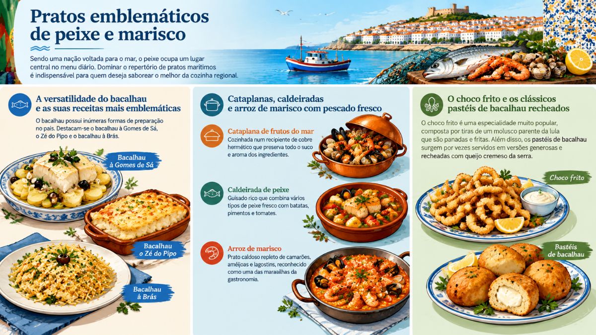 Infográfico sobre pratos emblemáticos de peixe e marisco em Portugal, incluindo receitas de bacalhau, cataplana de frutos do mar, caldeirada de peixe, arroz de marisco, choco frito e pastéis de bacalhau.