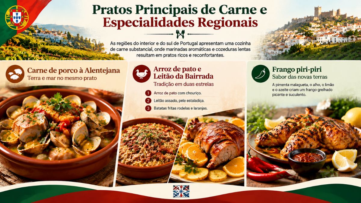 Infográfico sobre pratos principais de carne e especialidades regionais de Portugal, destacando a carne de porco à Alentejana, o arroz de pato, o leitão assado da Bairrada e o frango piri-piri.