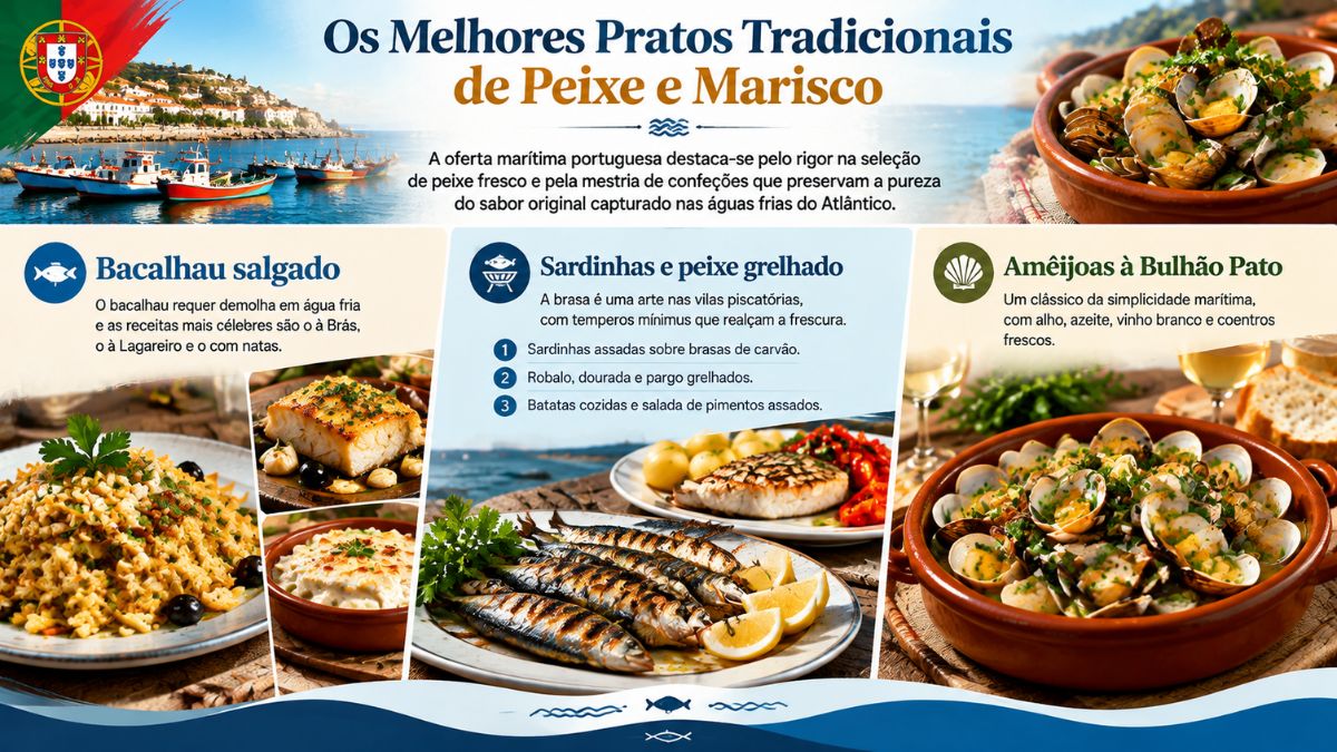 Infográfico sobre os melhores pratos tradicionais de peixe e marisco em Portugal, incluindo bacalhau à Brás, sardinhas assadas e amêijoas à Bulhão Pato.