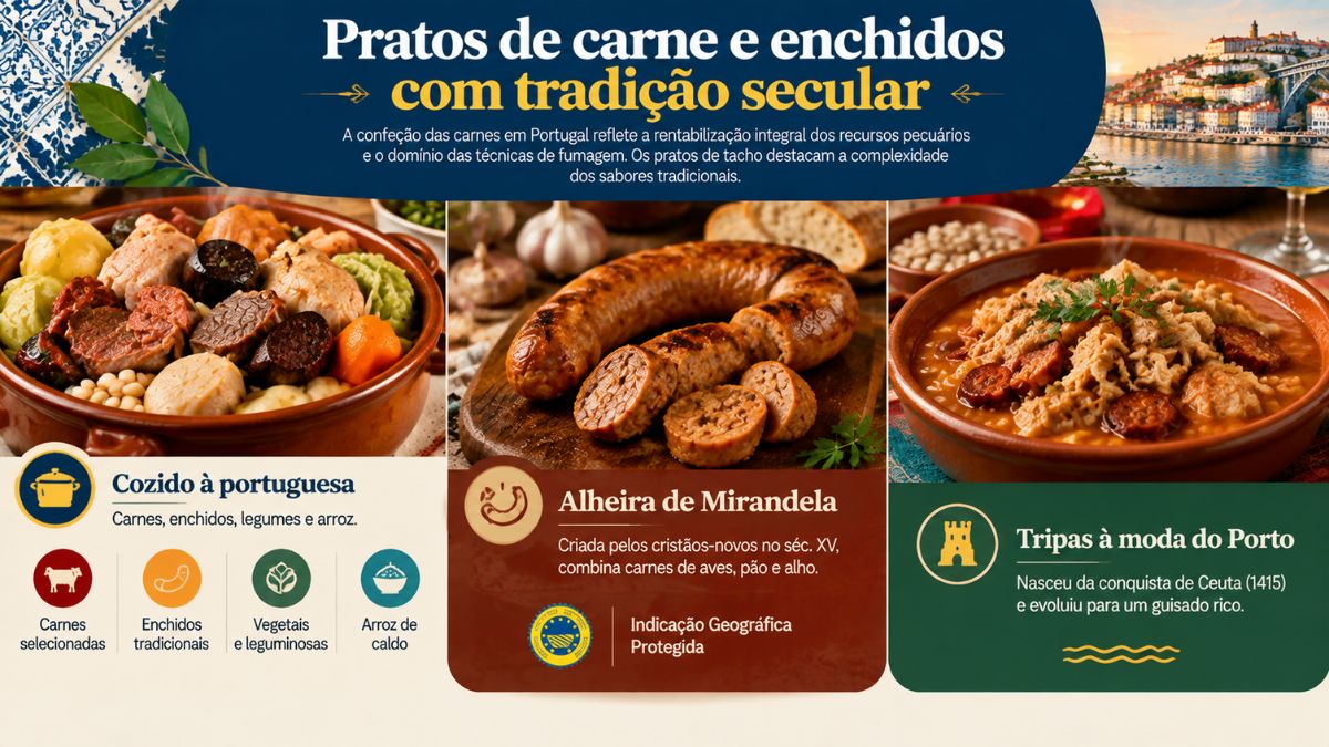 Infográfico sobre pratos de carne e enchidos com tradição secular em Portugal apresentando o Cozido à portuguesa, a Alheira de Mirandela e as Tripas à moda do Porto.