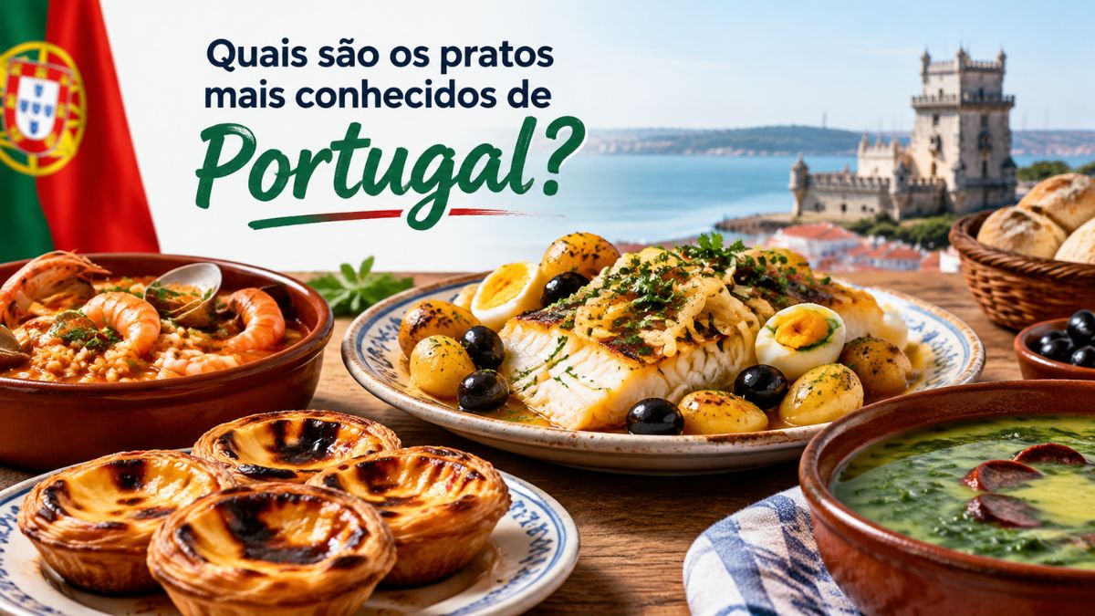 Mesa servida com pratos mais conhecidos de Portugal incluindo bacalhau assado, pastéis de nata, arroz de marisco, caldo verde, pão e azeitonas, com a bandeira portuguesa e a Torre de Belém ao fundo.