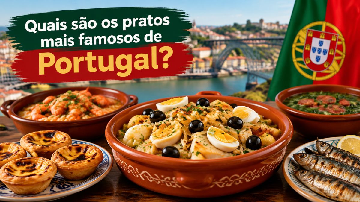 Mesa farta com pratos tradicionais de Portugal como bacalhau à Brás, pastéis de nata, sardinhas assadas, arroz de marisco e caldo verde com a ponte Dom Luís I e a bandeira de Portugal ao fundo.
