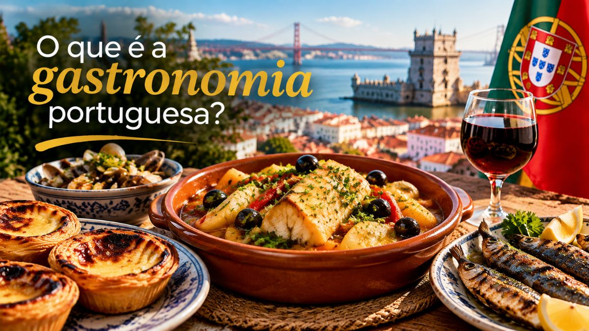 Mesa repleta de pratos típicos da culinária de Portugal como bacalhau pastéis de nata e vinho com Lisboa em destaque