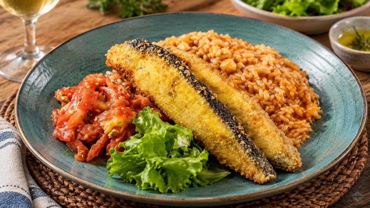 Prato de cerâmica azul com filetes de pregado frito em crosta dourada de farinha de milho, acompanhados por arroz de tomate malandrinho, salada de tomate picado e alface fresca numa mesa de madeira com vinho branco.