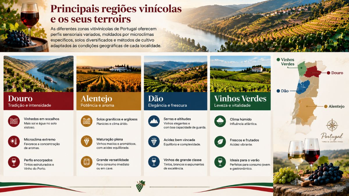 Infográfico ilustrado sobre as principais regiões vinícolas de Portugal e os seus terroirs, apresentando detalhes do Douro, Alentejo, Dão e Vinhos Verdes, acompanhado de um mapa de localização e imagens representativas das paisagens vinhateiras.
