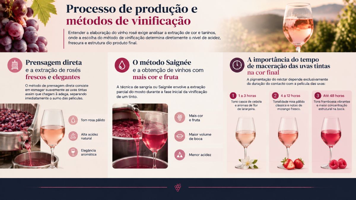 Infográfico sobre a produção do vinho rosé ilustrando os métodos de prensagem direta, Saignée e os tempos de maceração das uvas tintas na cor final.