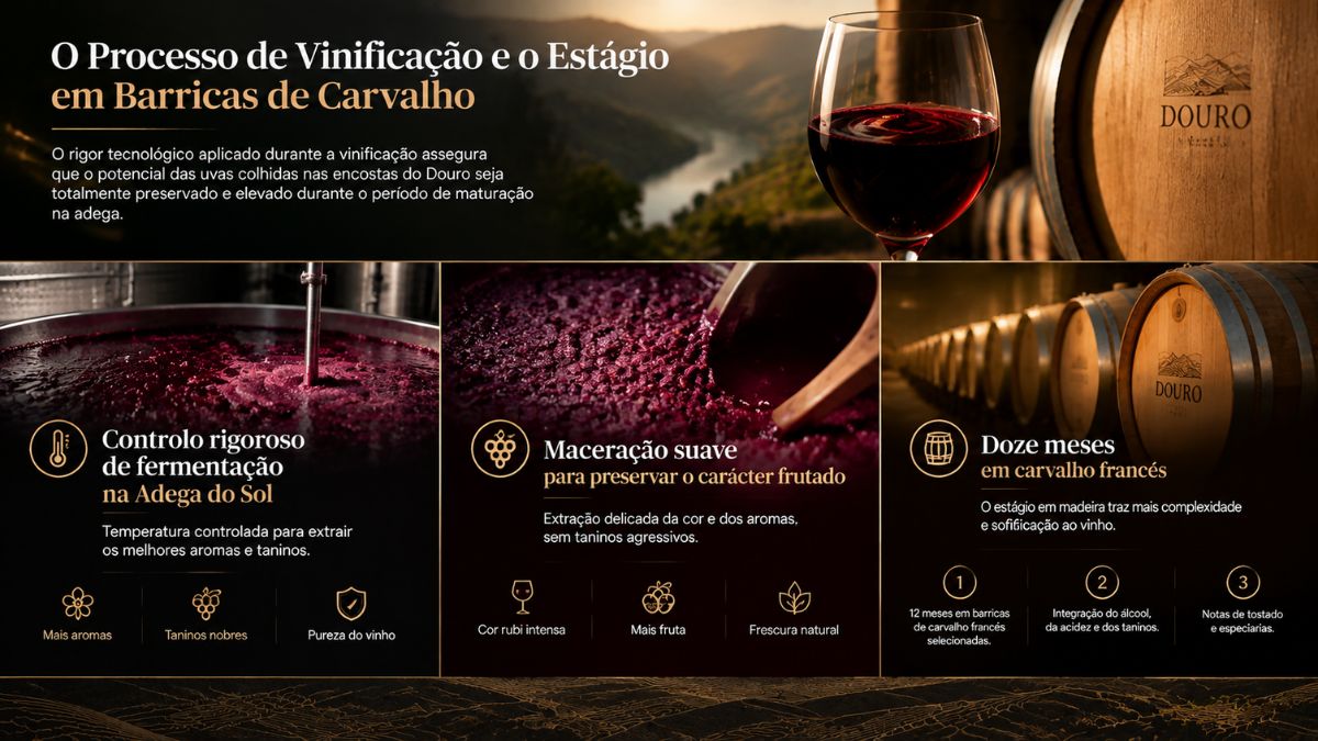 Infográfico sobre a vinificação e o estágio do Vinho Três Tourigas com fermentação controlada, maceração suave e barricas de carvalho francês.