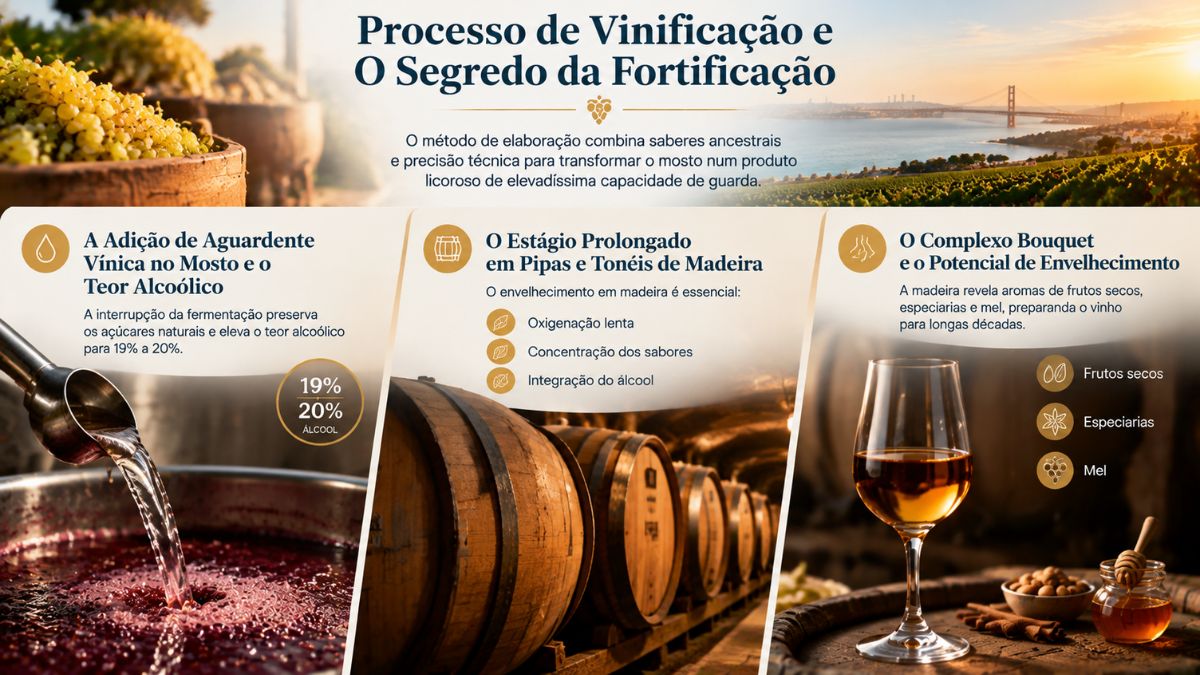 Infográfico explicativo sobre o processo de vinificação e fortificação do Vinho de Carcavelos dividido em três blocos verticais. A secção esquerda ilustra a adição de aguardente vínica no mosto em fermentação para atingir o teor alcoólico de dezanove a vinte por cento. A secção central exibe tonéis e pipas de madeira alinhados numa adega tradicional para estágio prolongado. A secção direita apresenta um copo de vinho fortificado acompanhado por frutos secos, especiarias e mel para destacar o complexo bouquet aromático.