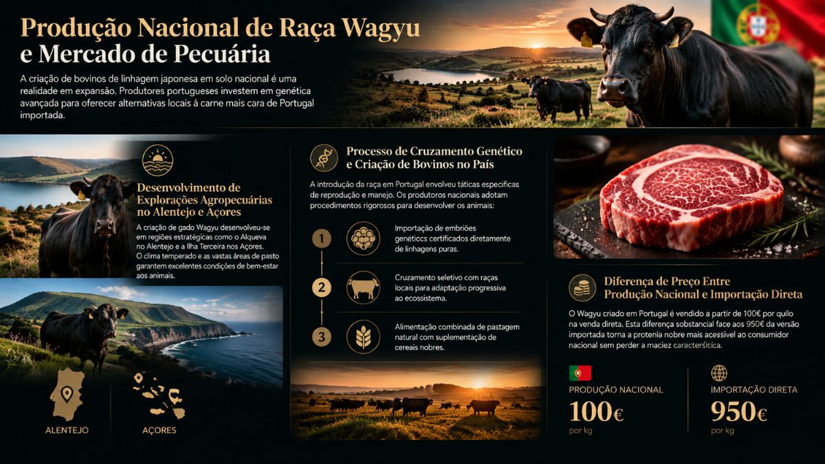 Infográfico explicativo sobre a criação de gado da raça Wagyu em Portugal, destacando as explorações agropecuárias no Alentejo e nos Açores, o processo de melhoramento genético e a comparação de preços entre a produção nacional e a carne importada.
