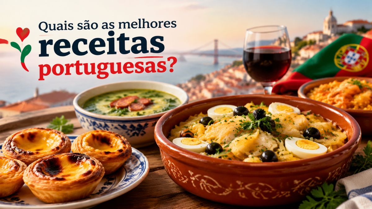 Mesa tradicional com iguarias portuguesas incluindo bacalhau à Gomes de Sá, caldo verde com chouriço, pastéis de nata e vinho tinto com vista para Lisboa.