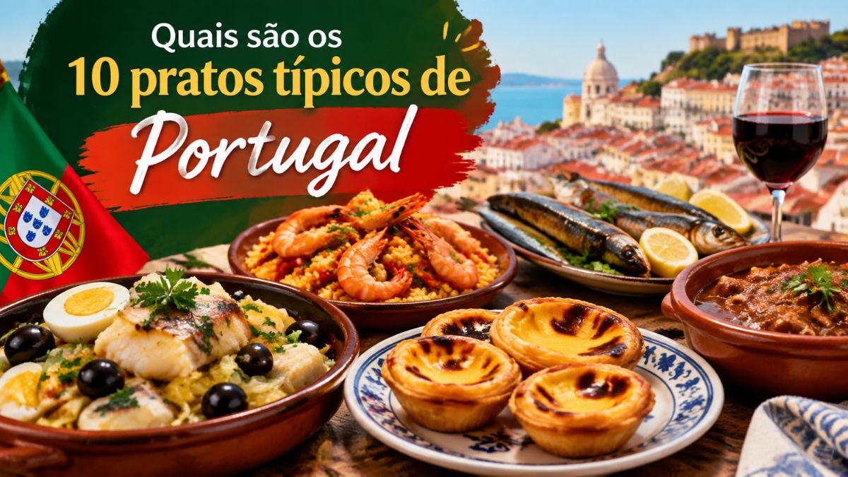Mesa tradicional com pratos típicos de Portugal, incluindo bacalhau, marisco, sardinhas assadas, pastéis de nata e vinho, com vista panorâmica de Lisboa ao fundo.