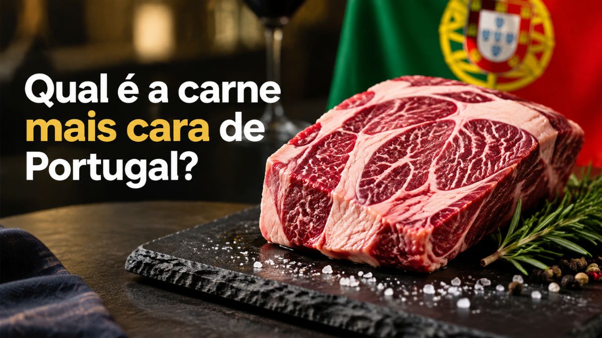 Corte nobre de carne bovina com elevado marmoreio e gordura intramuscular sobre tábua de pedra preta, acompanhado de sal grosso e alecrim com a bandeira de Portugal ao fundo.